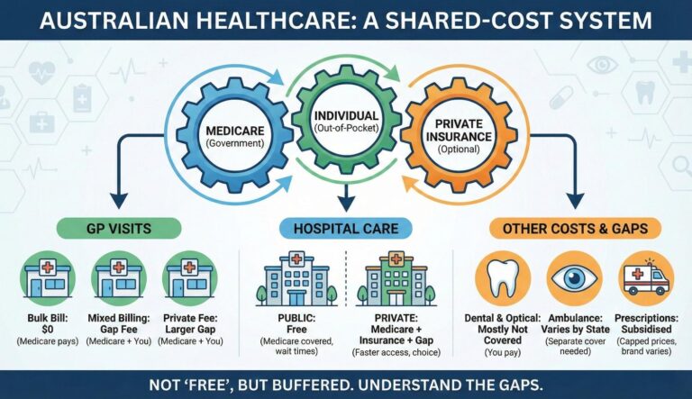 Infographic showing how healthcare costs work in Australia, illustrating the relationship between Medicare, private insurance, and out-of-pocket expenses for GP visits, hospital care, and specialist services.