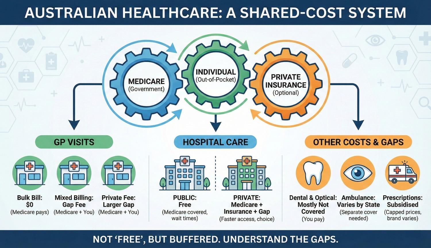 Infographic showing how healthcare costs work in Australia, illustrating the relationship between Medicare, private insurance, and out-of-pocket expenses for GP visits, hospital care, and specialist services.