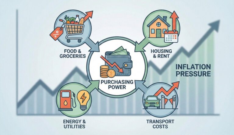 A financial infographic showing the impact of inflation on purchasing power, featuring icons for rising costs in food and groceries, housing and rent, energy and utilities, and transport.
