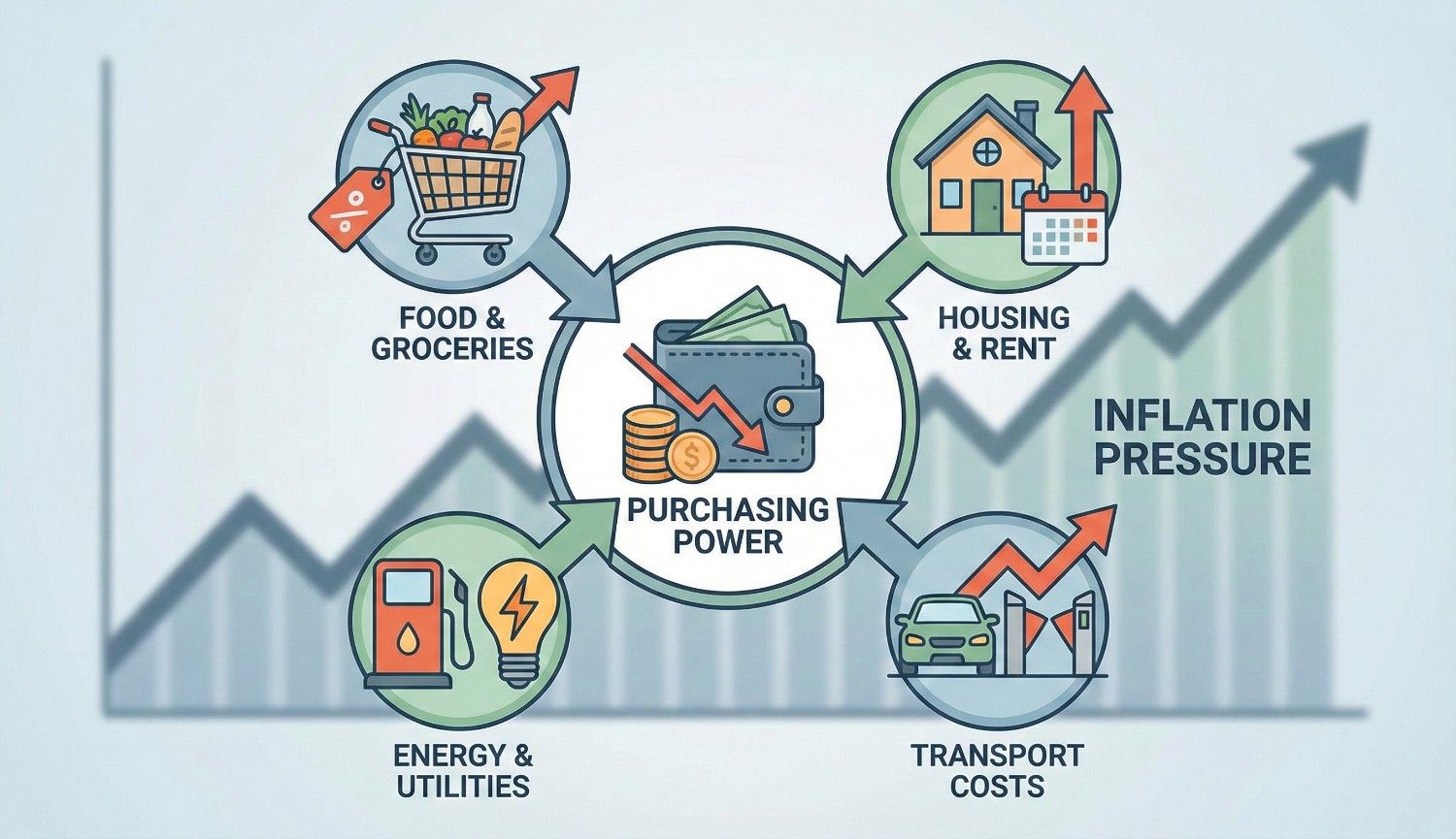 A financial infographic showing the impact of inflation on purchasing power, featuring icons for rising costs in food and groceries, housing and rent, energy and utilities, and transport.