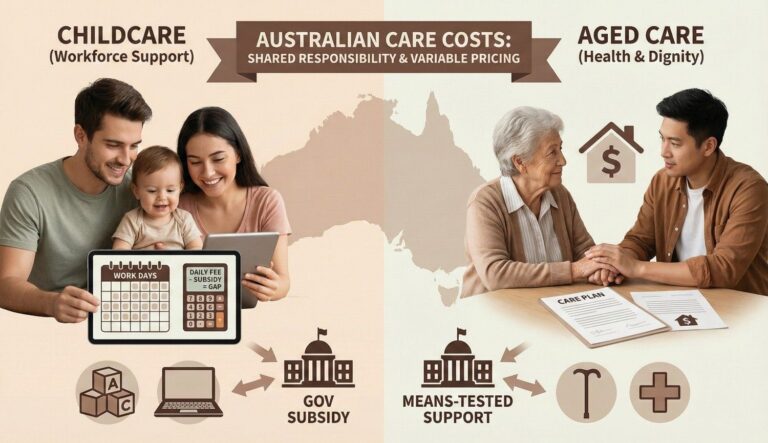 An infographic map of Australia comparing childcare subsidy structures for workforce support and aged care means-tested costs, including icons for income tests, care plans, and government support.