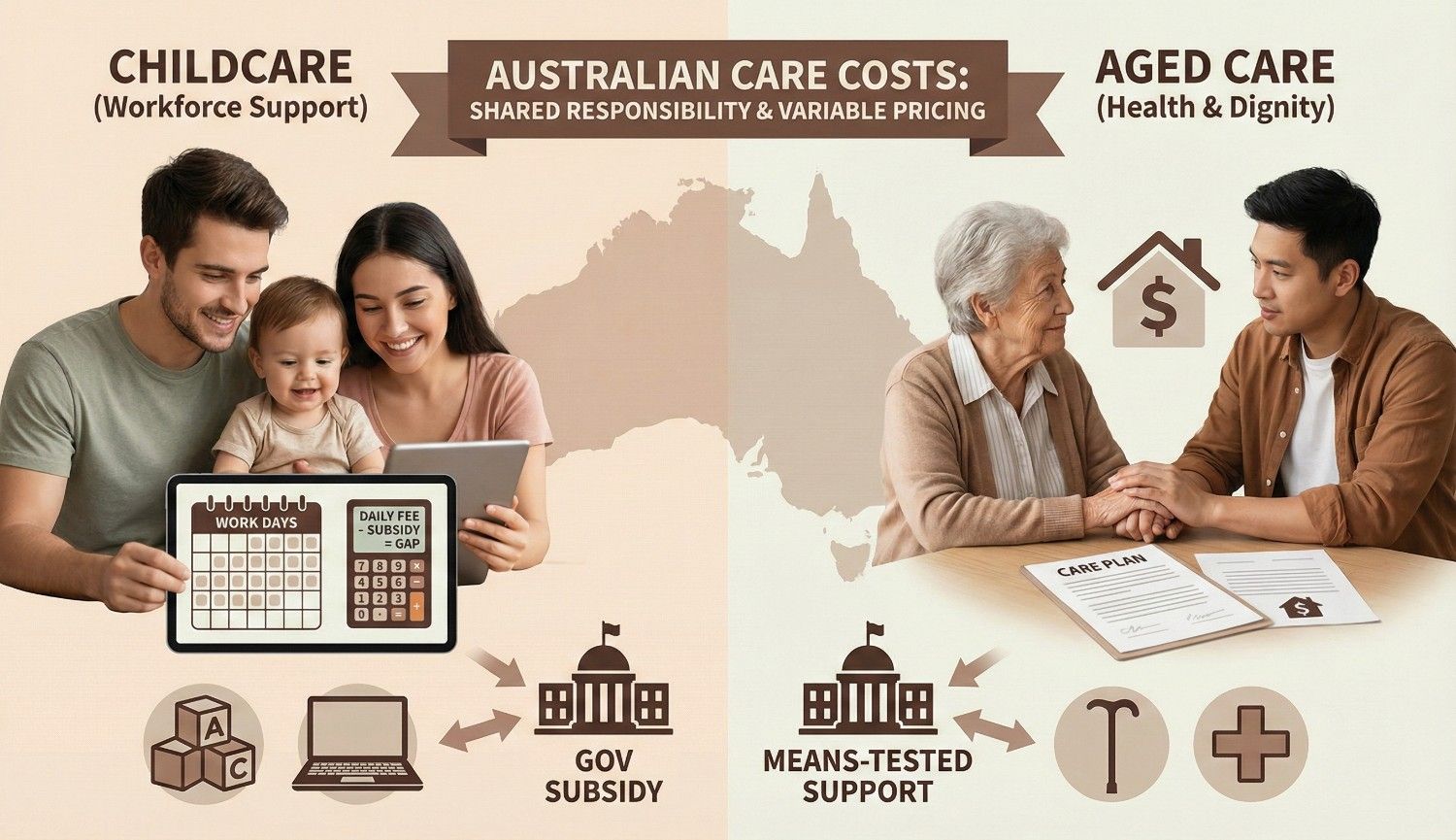 An infographic map of Australia comparing childcare subsidy structures for workforce support and aged care means-tested costs, including icons for income tests, care plans, and government support.