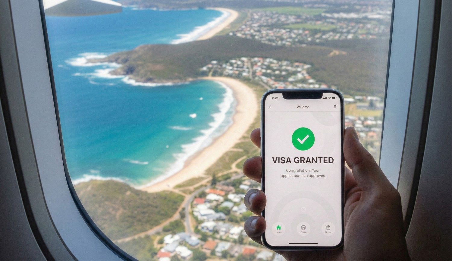 A visual representation of the Australian visa lifecycle, from application submission to the final grant notification on a digital screen.