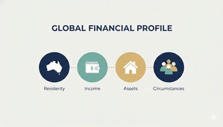 A diagram showing the four pillars of Centrelink eligibility: Residency, Income, Assets, and Personal Circumstances.
