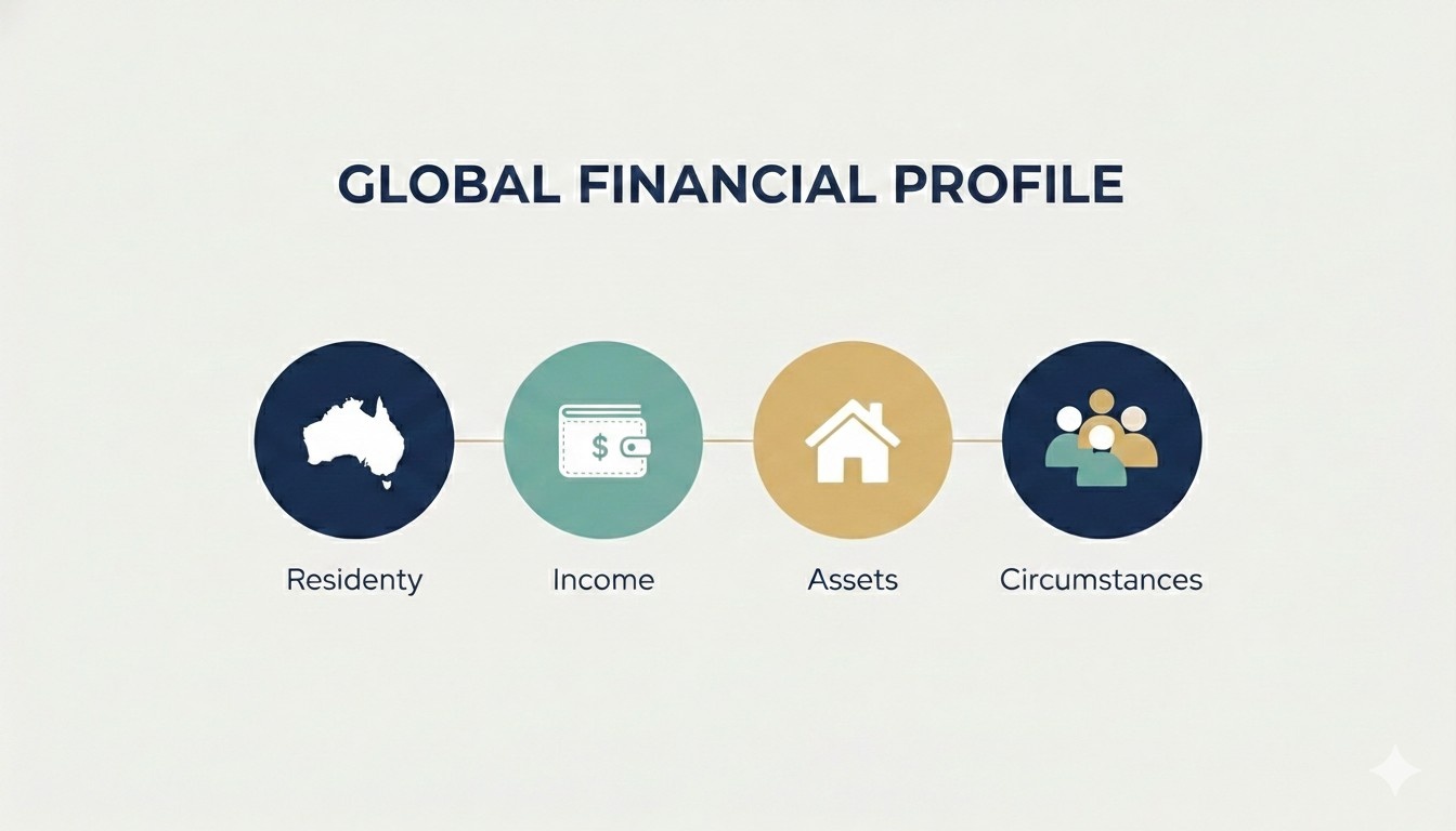A diagram showing the four pillars of Centrelink eligibility: Residency, Income, Assets, and Personal Circumstances.