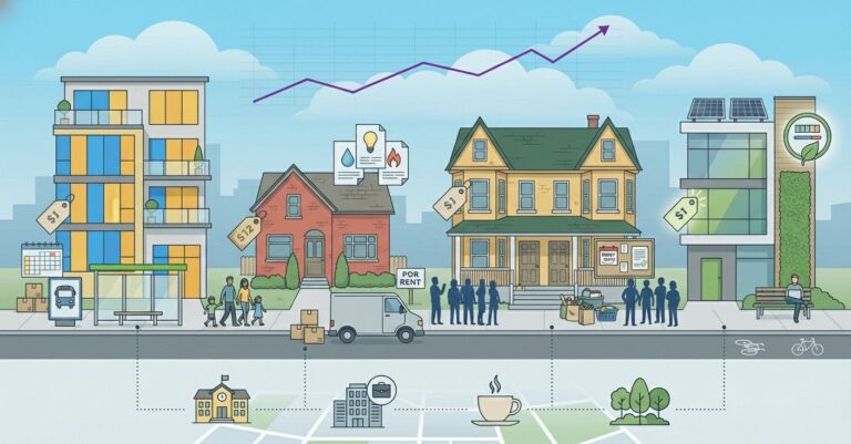 A modern editorial illustration of an urban neighborhood showing diverse housing types—apartments, old houses, and eco-friendly buildings—with symbolic icons for rent costs, utilities, public transit, and market demand.