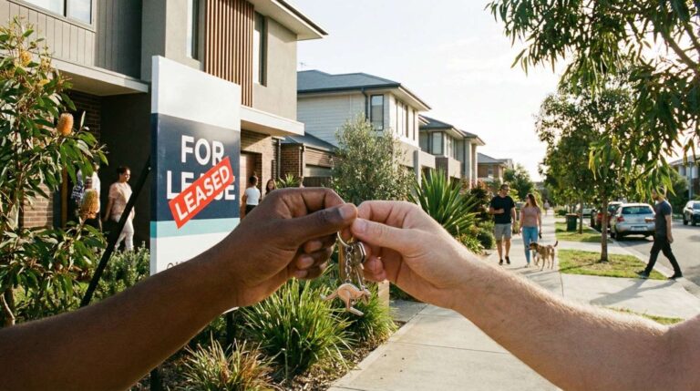 A young professional couple holding keys outside a modern Australian townhouse, symbolizing a successful rental application.