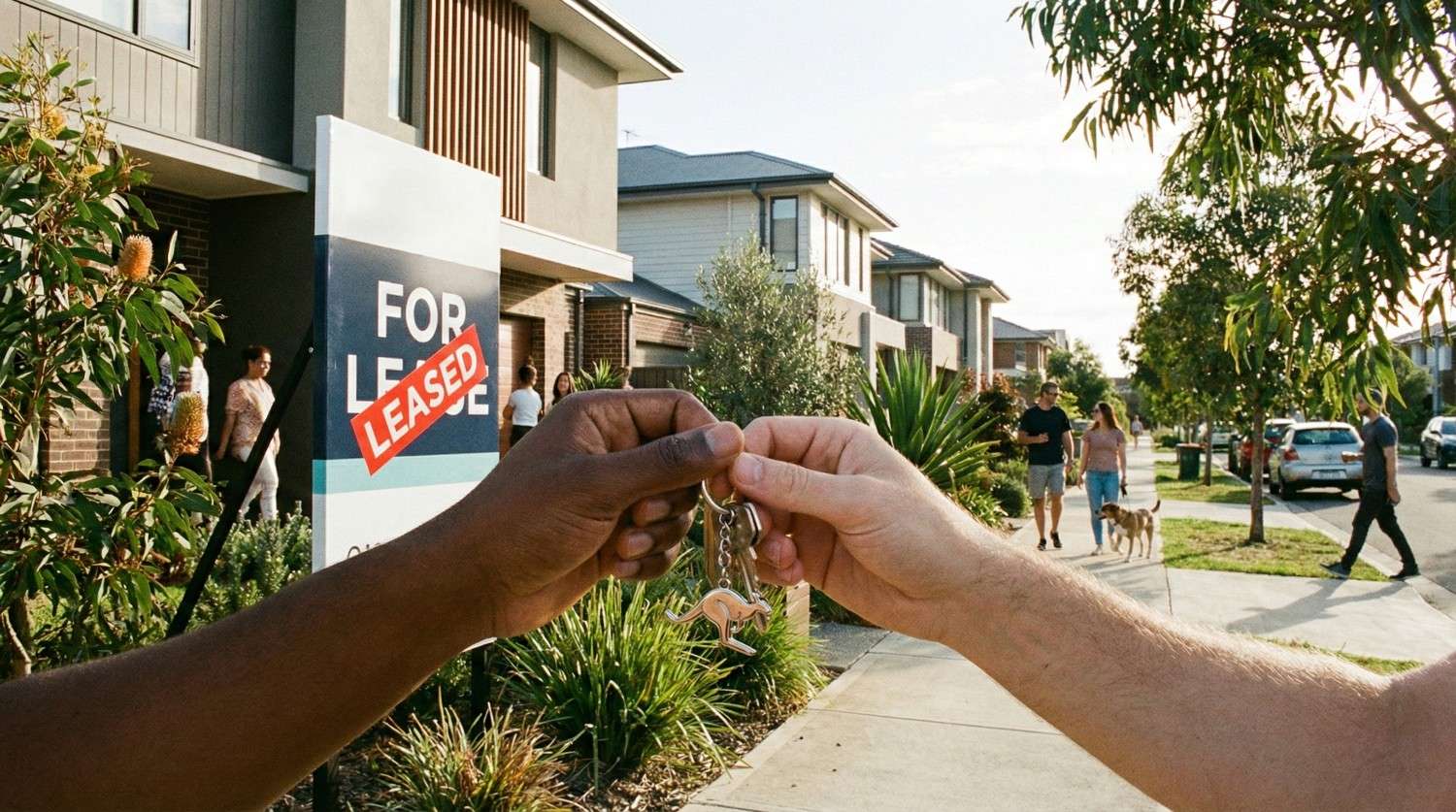 A young professional couple holding keys outside a modern Australian townhouse, symbolizing a successful rental application.