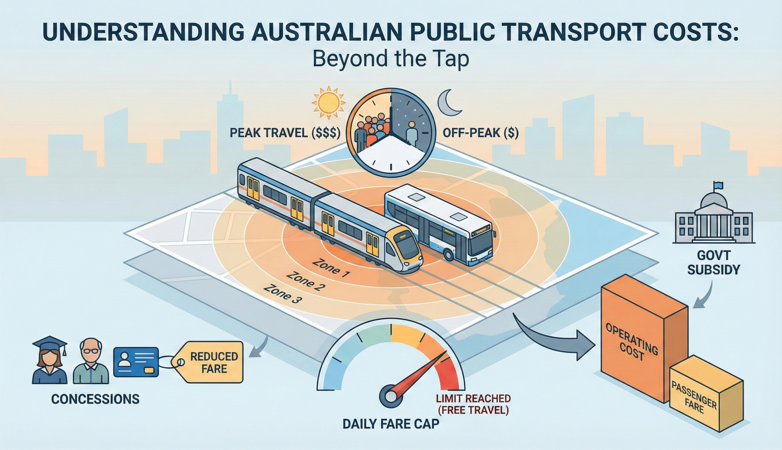 An infographic explaining Australian public transport costs, showing a train and bus on a zoned map with icons for peak vs. off-peak travel, daily fare caps, student and senior concessions, and the balance between government subsidies and passenger fares.