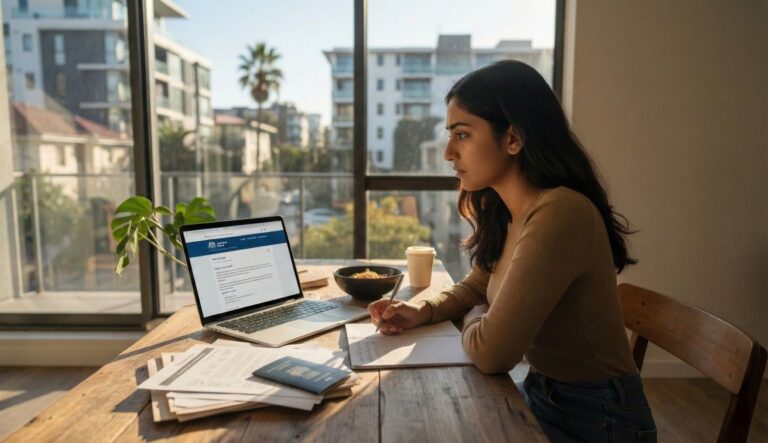 A focused young woman sitting at a wooden table in an Australian apartment, reviewing visa documents and the Home Affairs website on a laptop to check her working rights.
