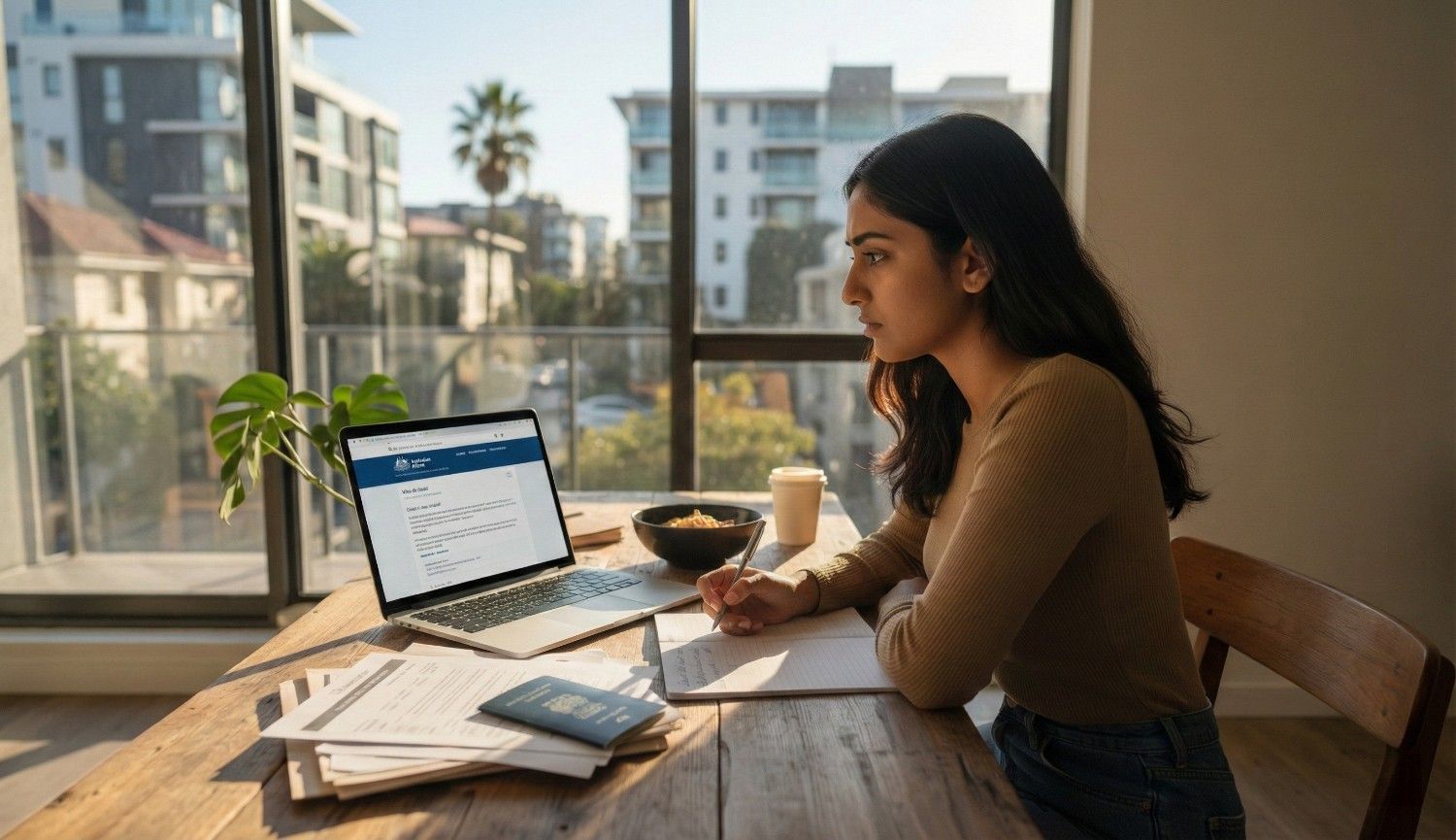 A focused young woman sitting at a wooden table in an Australian apartment, reviewing visa documents and the Home Affairs website on a laptop to check her working rights.