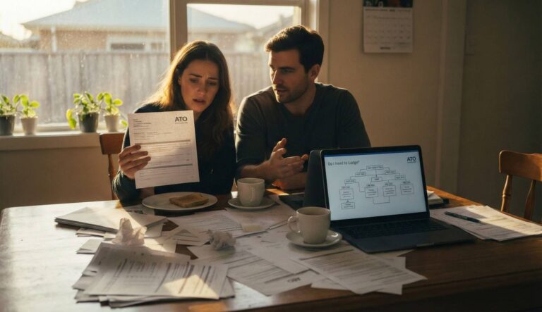 A stressed couple at a kitchen table surrounded by paperwork and a laptop showing an ATO tax lodgment flowchart to determine if they need to lodge a return.