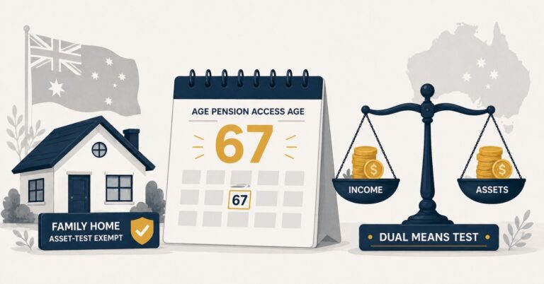 How the Australian Age Pension works — qualifying age 67, means tests, and the family home