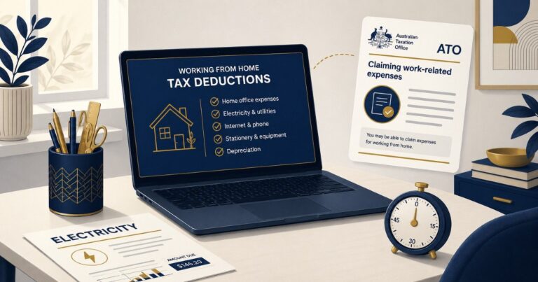 Working-from-home tax deductions Australia — laptop with deductible categories and ATO claim guidance
