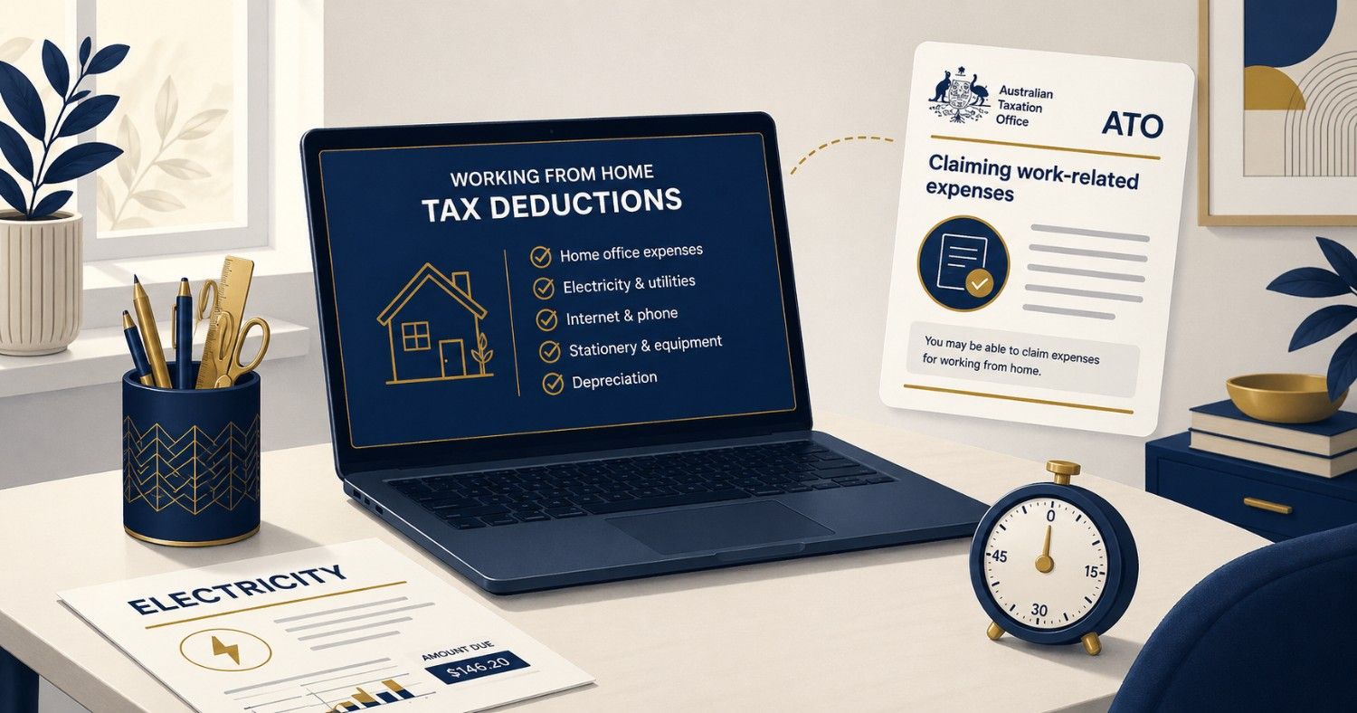 Working-from-home tax deductions Australia — laptop with deductible categories and ATO claim guidance
