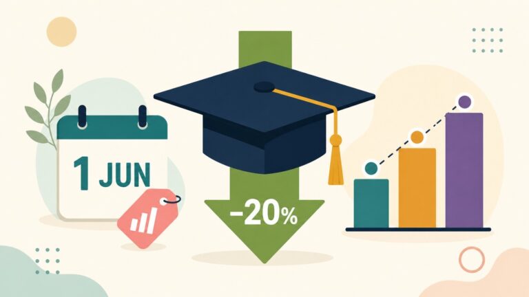 HECS-HELP 2026 changes — graduation cap with -20% arrow, 1 June calendar, and rising marginal repayment bars