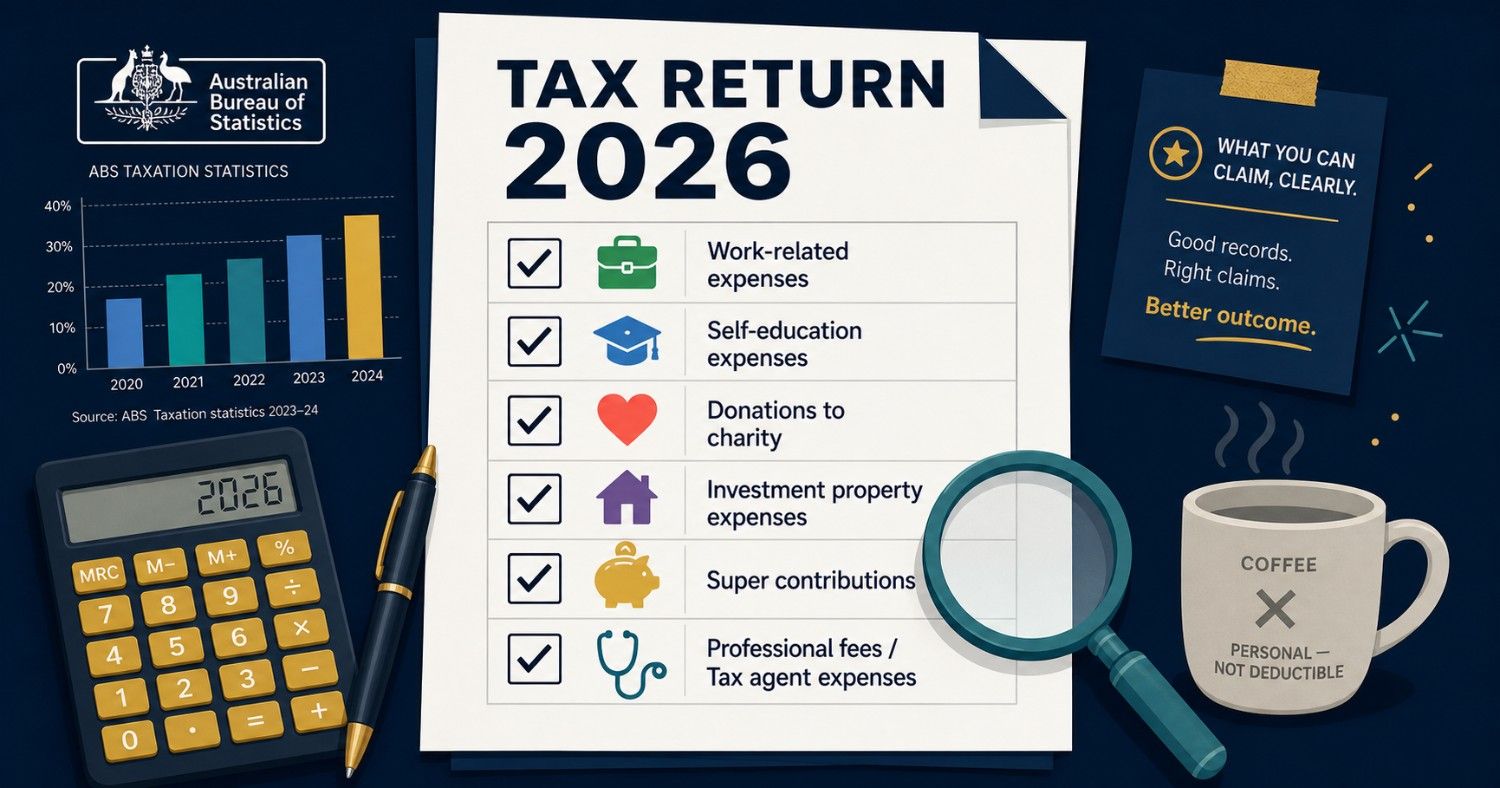 What can you claim on tax in Australia 2026 — checklist of deductible categories: work, education, donations, investment, super, professional fees